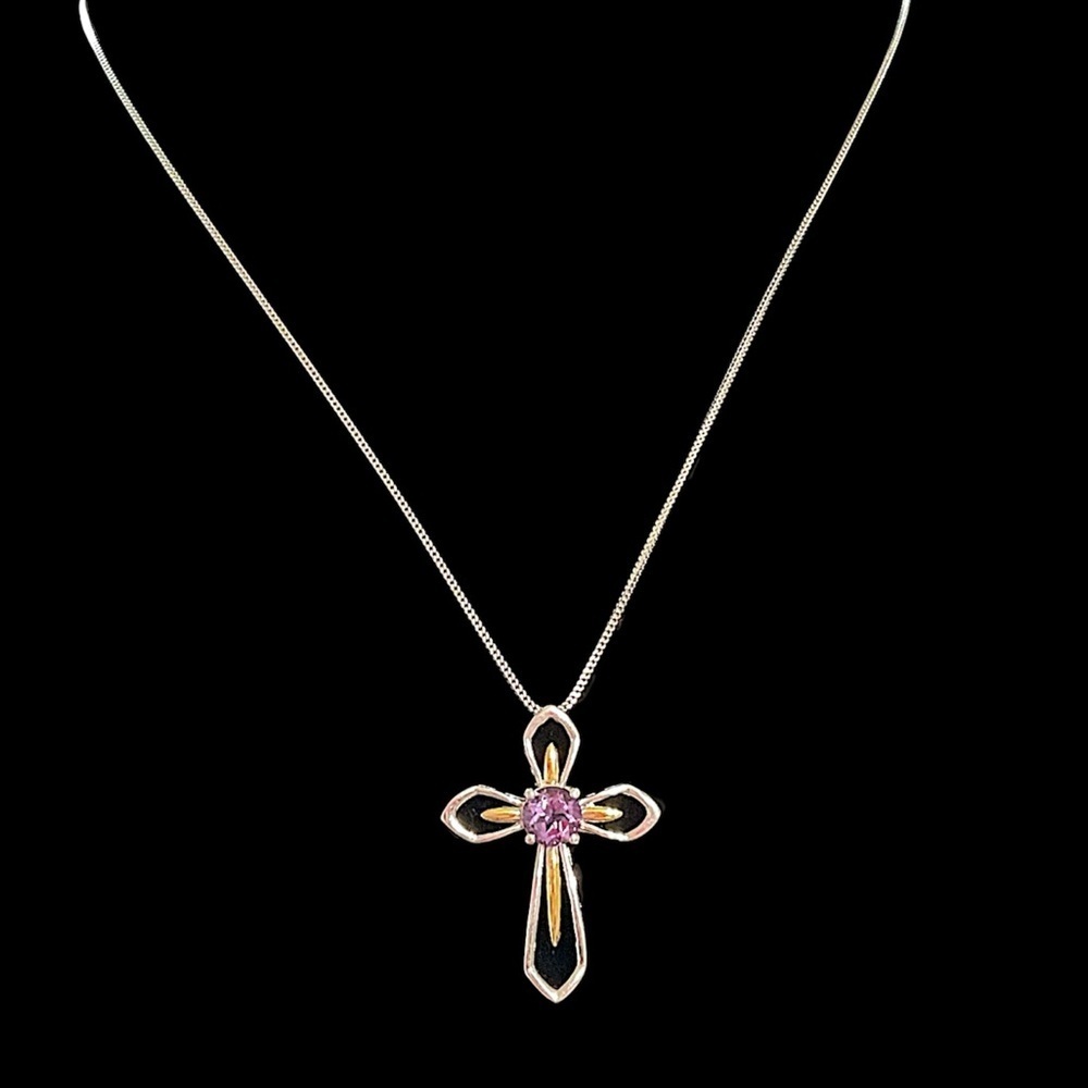 Vintage Sterling Silver Amethyst Cross Necklace Long Opera Length 30”